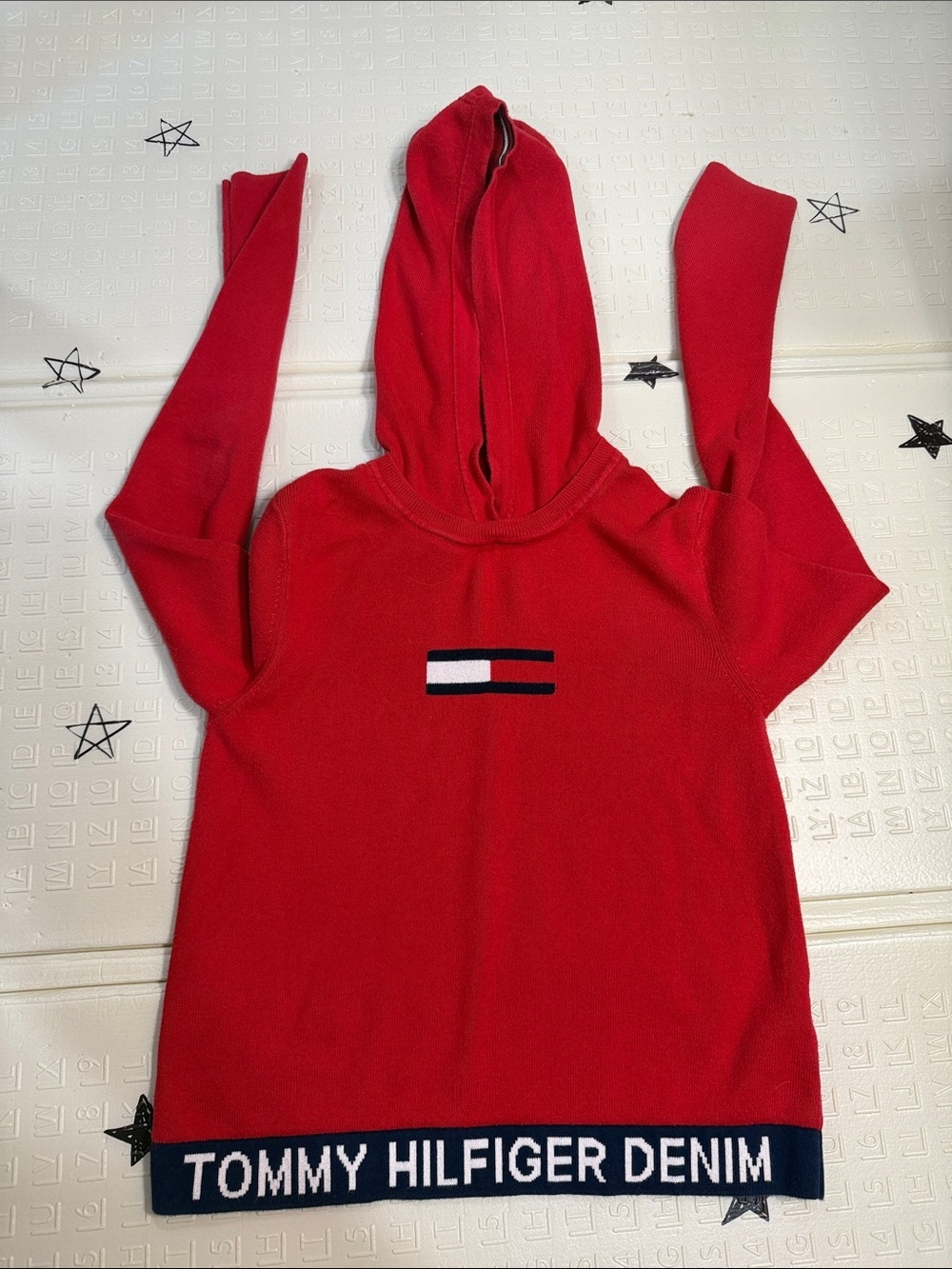 Tommy Hilfiger Red Hooded Knit Pullover with Logo Trim
